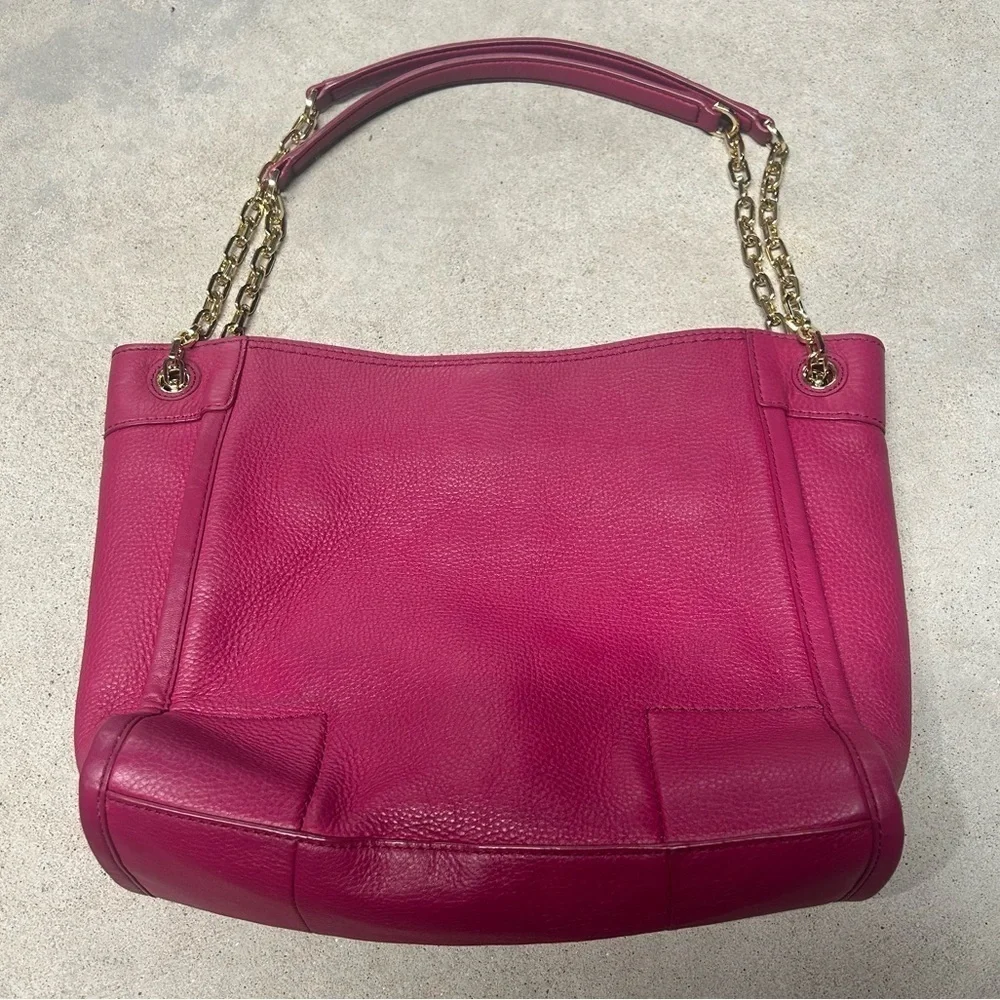 Tory Burch Britten Pebbled Slouchy Tote Shoulder Purse Magenta Pink & Gold
